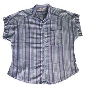 Linen Blouse Chic Relaxed Button Front Purple Striped 1X (16-18) Short Sleeve